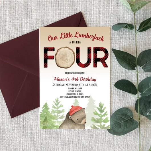 Lumberjack Woodland Forest Bear 4th Birthdayパーティー 招待状