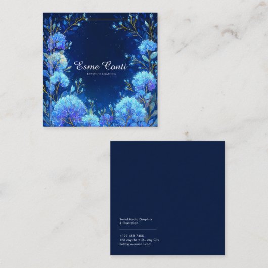 Luminous Blue Floral Gold Celestial Frame Midnight スクエア名刺 (正面/裏面)