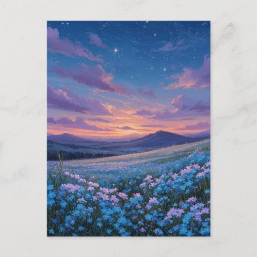 Luminous Blue Wildflower Meadow at Sunset ポストカード (正面)