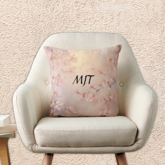Luminous Sakura Cherry Blossom Branches Monogram クッション