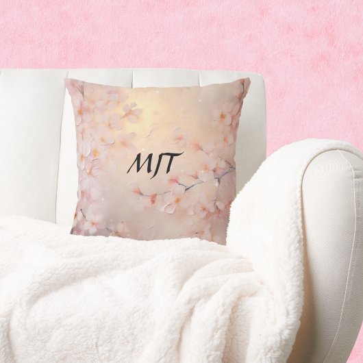 Luminous Sakura Cherry Blossom Branches Monogram クッション