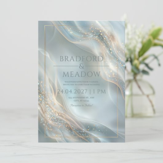Luminous Stardust Misty Teal Ripple Wedding 招待状 (スタンド正面)