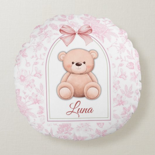 Luna | Custom Pink Teddy Bear Nursery Design  ラウンドクッション (正面)