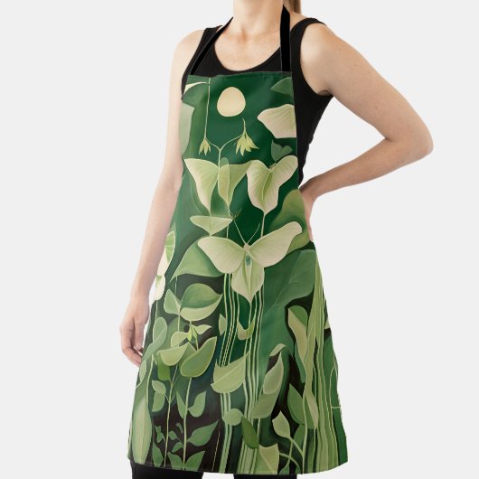 Luna Moth and flowers – 緑とクリーム エプロン (インサイチュ)