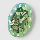 Luna Moth and flowers – 緑とクリーム ラージ壁時計 (傾斜)