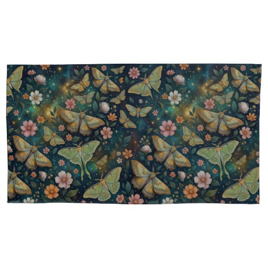 Luna Moth and Moon Phases, Starry Night Flowers 枕カバー (正面左)