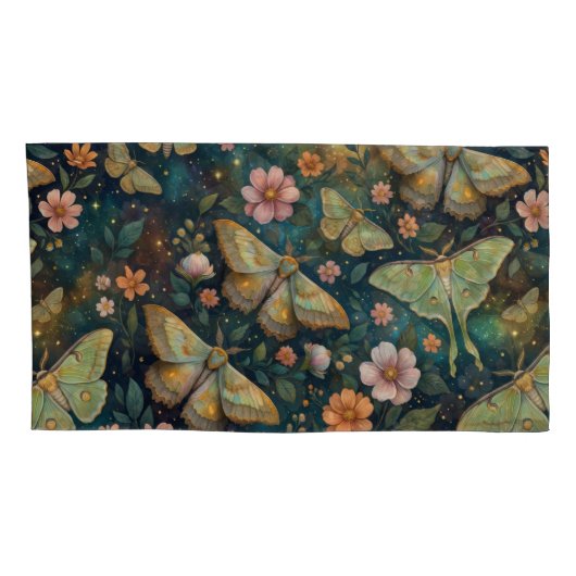 Luna Moth and Moon Phases, Starry Night Flowers 枕カバー (裏面-右)