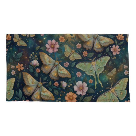 Luna Moth and Moon Phases, Starry Night Flowers 枕カバー (裏面-左)