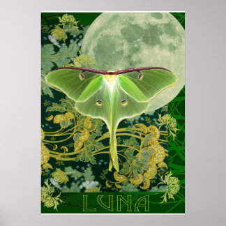 Luna Moth and Moon Poster, Green Nature Collage ポスター
