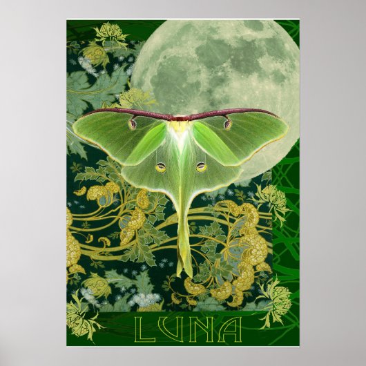Luna Moth and Moon Poster, Green Nature Collage ポスター (正面)