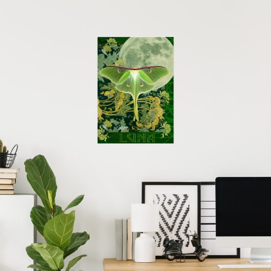 Luna Moth and Moon Poster, Green Nature Collage ポスター (ホームオフィス)