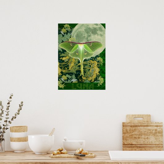 Luna Moth and Moon Poster, Green Nature Collage ポスター (キッチン)