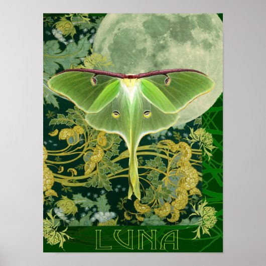 Luna Moth and Moon Poster, Green Nature Collage Po ポスター (正面)