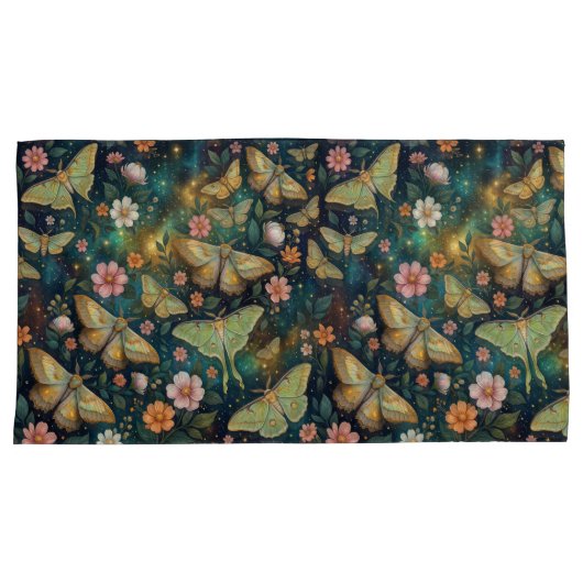 Luna Moth & Moon Phases, Starry Night Flowers 枕カバー (正面右)