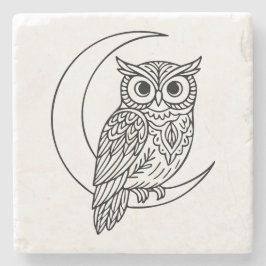 Luna Owl Line Art with Crescent Moon ストーンコースター