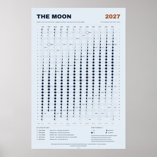 Lunar Calendar 2027 - Moon Phases, Sky Blue ポスター (正面)