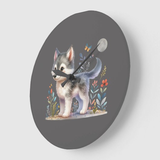 Lunar Cub - Baby Wolf Wall Clock ラージ壁時計 (傾斜)