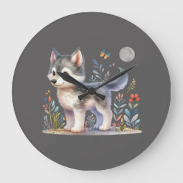 Lunar Cub - Baby Wolf Wall Clock ラージ壁時計