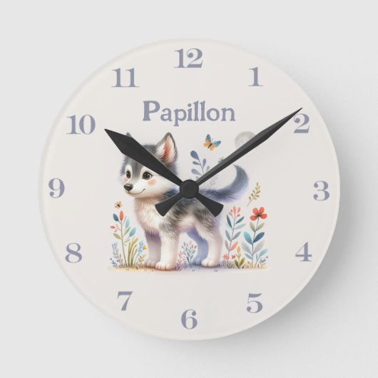 Lunar Cub - Customizable Name Baby Wolf Wall Clock ラウンド壁時計 (正面)