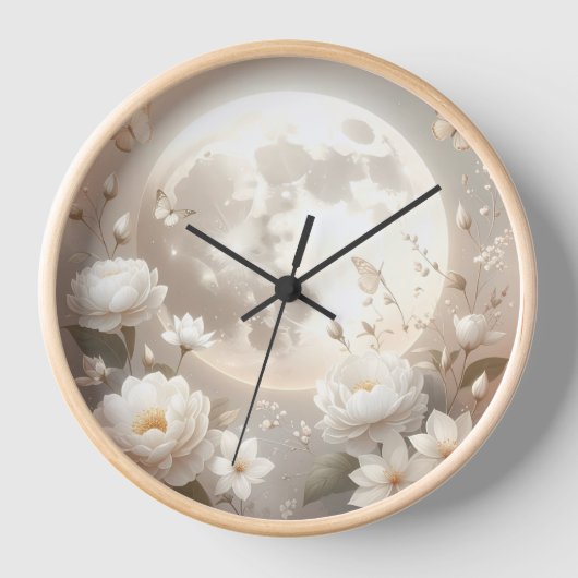 Lunar Floral Timepiece: Ethereal White Peonies & B 壁時計 (正面)