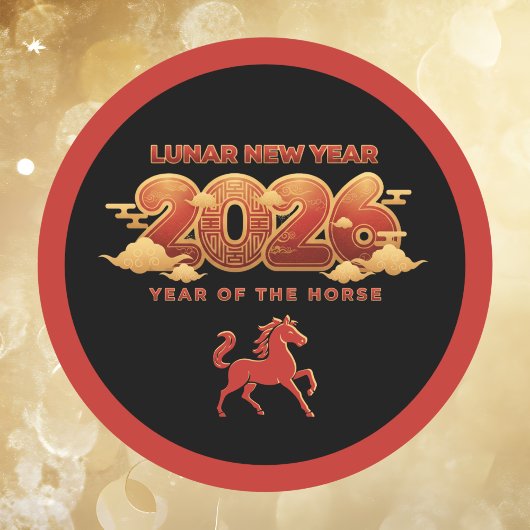 Lunar New Year 2026 Year of the Horse Red Black ラウンドシール