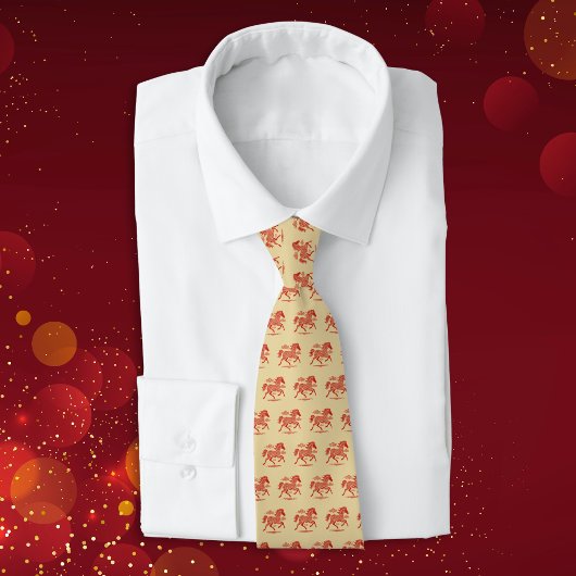 Lunar New Year Red Horse n Clouds on Gold Pattern ネクタイ