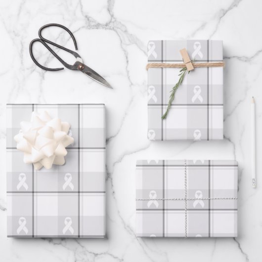 Lung Cancer Awareness Plaid Wrapping Paper White ラッピングペーパーシート (正面)
