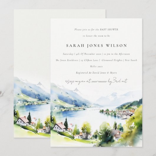 Lungern Switzerland Watercolor Baby Shower 招待状 (正面/裏面)