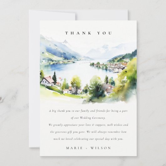 Lungern Switzerland Watercolor Landscape Wedding サンキューカード (正面)