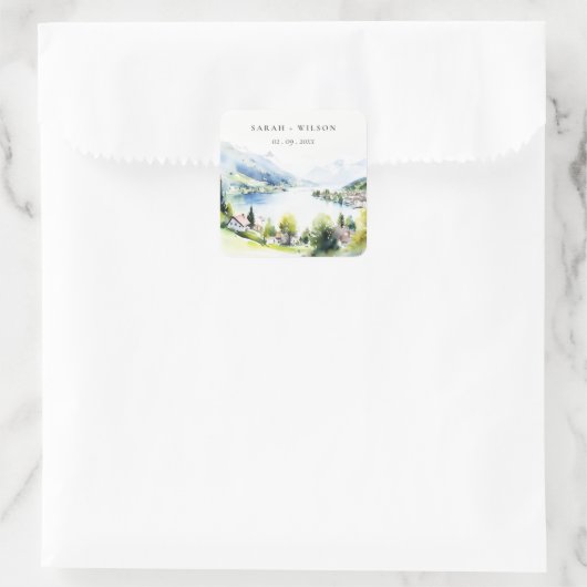 Lungern Switzerland Watercolor Landscape Wedding スクエアシール (バッグ)