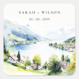 Lungern Switzerland Watercolor Landscape Wedding スクエアシール