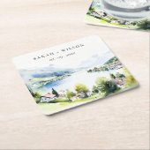 Lungern Switzerland Watercolor Landscape Wedding スクエアペーパーコースター (アングル)