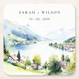 Lungern Switzerland Watercolor Landscape Wedding スクエアペーパーコースター
