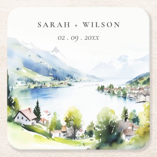 Lungern Switzerland Watercolor Landscape Wedding スクエアペーパーコースター (正面)
