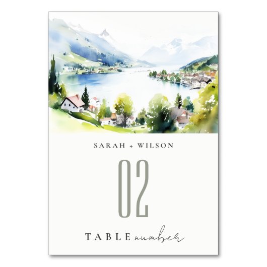 Lungern Switzerland Watercolor Landscape Wedding テーブルナンバー (正面)