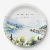 Lungern Switzerland Watercolor Landscape Wedding ペーパープレート (正面)