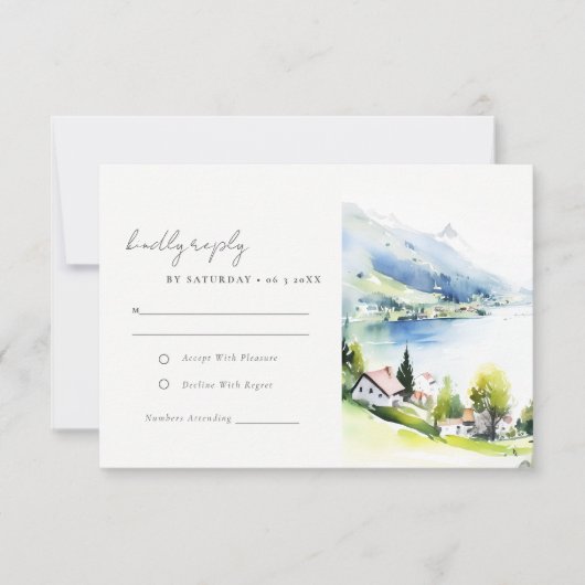 Lungern Switzerland Watercolor Landscape Wedding 出欠カード (正面)