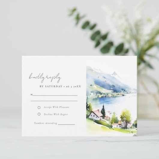 Lungern Switzerland Watercolor Landscape Wedding 出欠カード (スタンド正面)