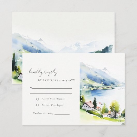 Lungern Switzerland Watercolor Landscape Wedding 出欠カード (正面/裏面)