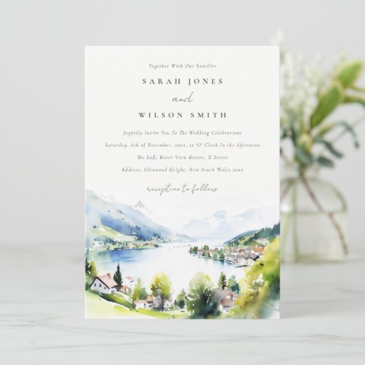 Lungern Switzerland Watercolor Landscape Wedding 招待状 (スタンド正面)