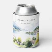 Lungern Switzerland Watercolor Landscape Wedding 缶クーラー (缶正面)