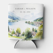 Lungern Switzerland Watercolor Landscape Wedding 缶クーラー (正面)