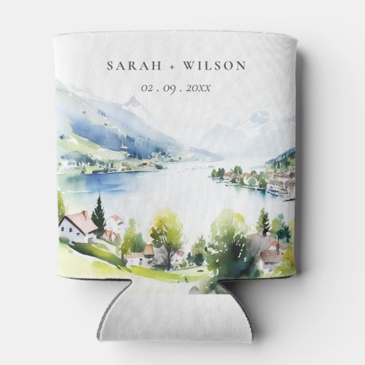 Lungern Switzerland Watercolor Landscape Wedding 缶クーラー (裏面)