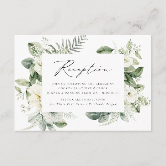  lushな白い花と緑の結婚式の披露宴 エンクロージャーカード (正面)