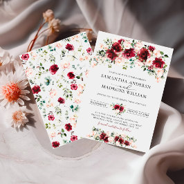 Lush Burgundy Blush Roses Floral Boho Wedding  招待状