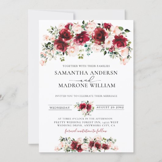 Lush Burgundy Blush Roses Floral Boho Wedding  招待状 (正面)