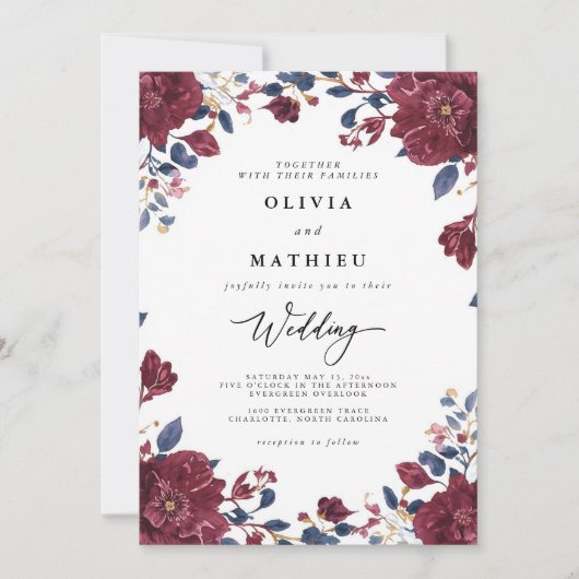 Lush Burgundy & Navy Floral Botanical Wedding 招待状 (正面)