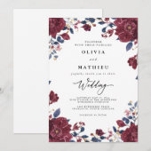 Lush Burgundy & Navy Floral Botanical Wedding 招待状 (正面/裏面)