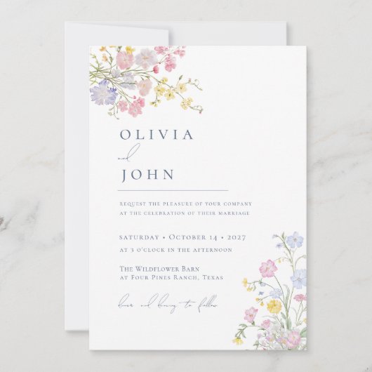 Lush Elegant Wildflowers Dusty Blue Wedding 招待状 (正面)