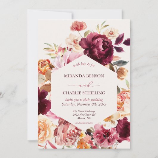 Lush Fall Floral Wedding Invitation with QR code 招待状 (正面)